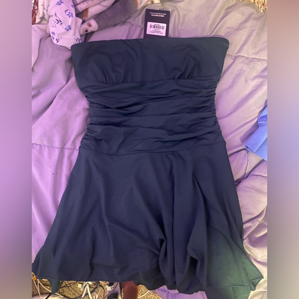 that’s so fetch strapless dark green mini dress